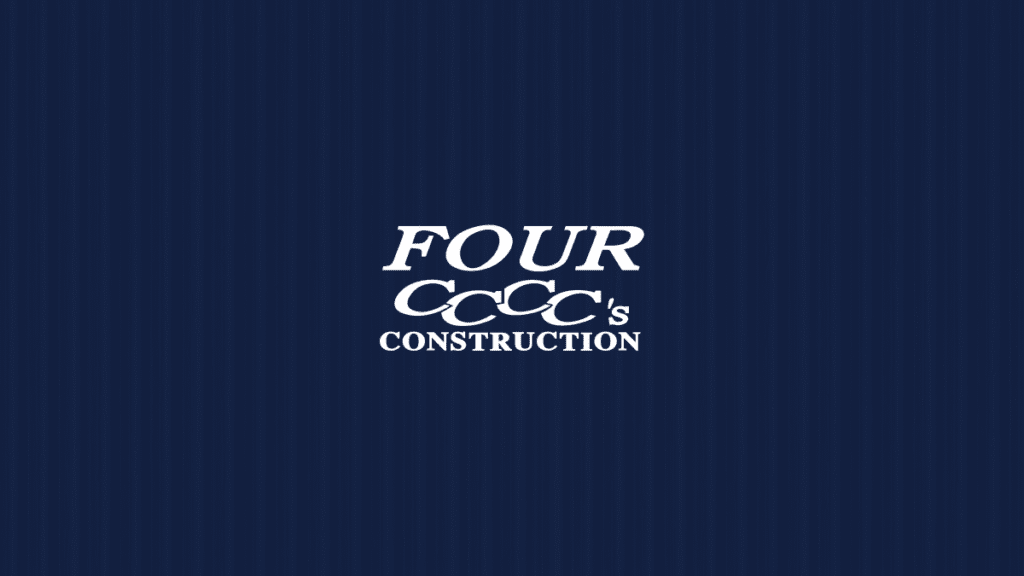 White text on a dark blue background reads “FOUR CCCC’s CONSTRUCTION,” with the four C’s overlapping each other on the same line.